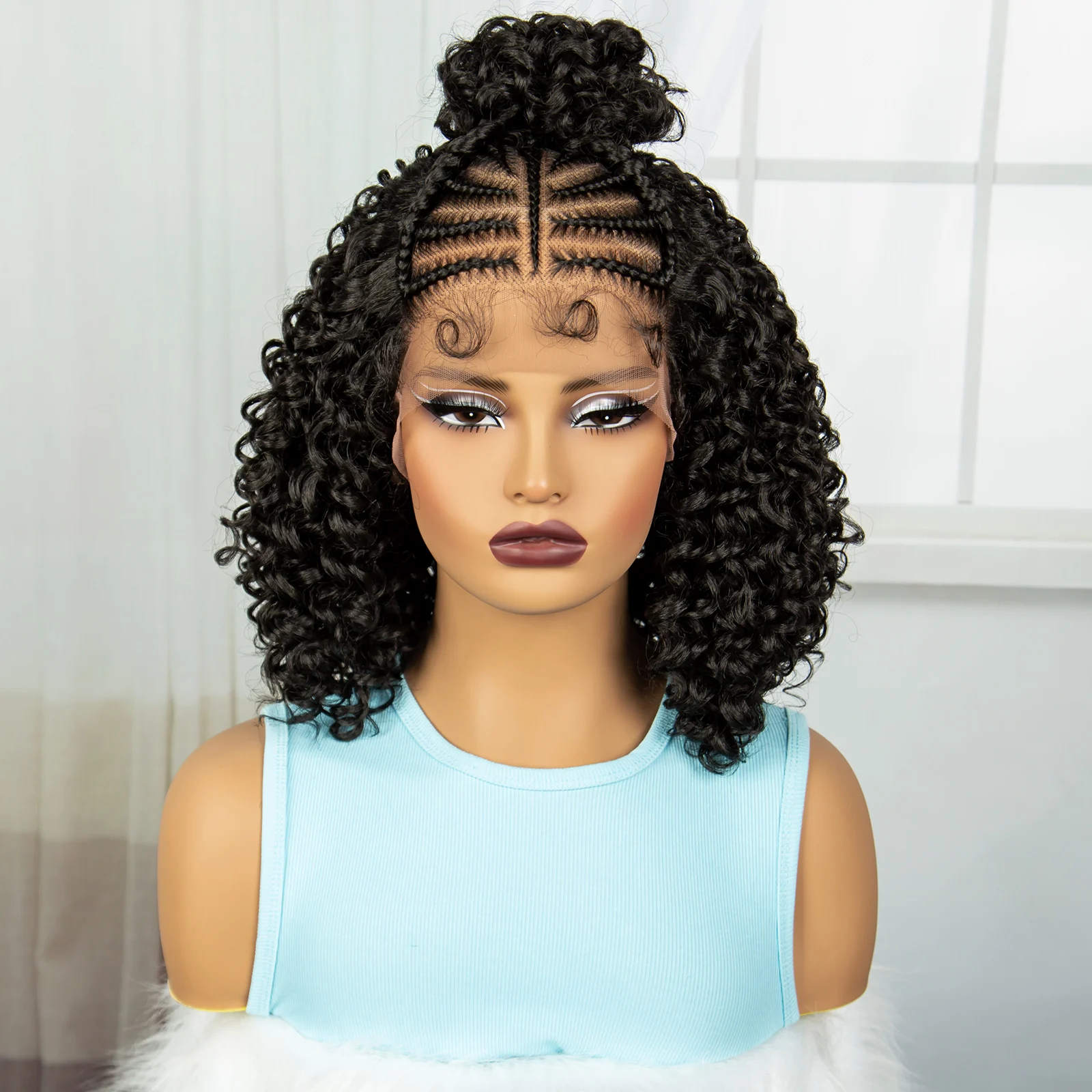 Cornrow Braids Wig 16inch Synthetic Afro Kinky Curly Braided Wigs with Baby Hair Lace Front Knotless Braided Wigs for Black Wome