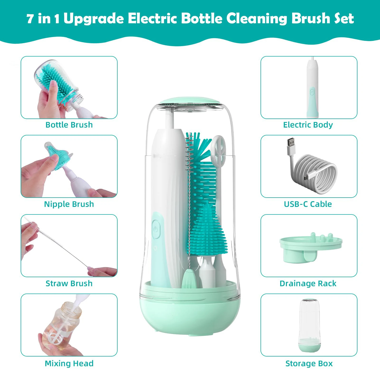 Electric Travel Baby Bottle Brush Set,Bottle Brush Cleaner,Nipple and Straw Brush,Stirring Disperser,Drainage Rack,Storage Box