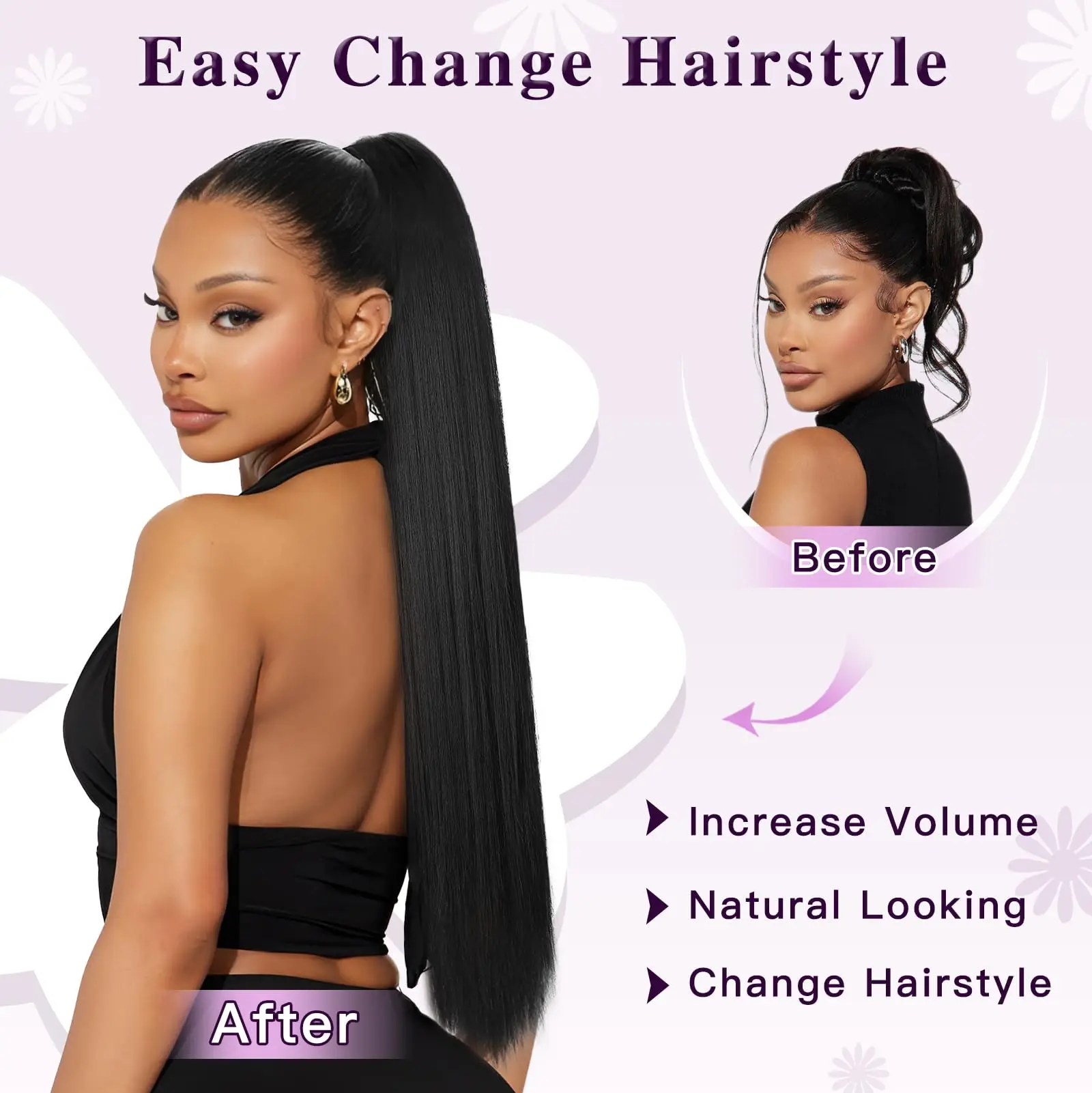 스트레이트 드로스트링 포니테일 익스텐션 브라질리언 버진 인모 익스텐션 인모 포니테일 # 1B 내추럴 블랙 컬러