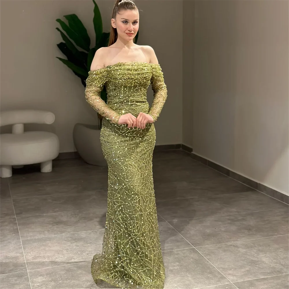 Customized Off Shoulder Beaded Sequined Lace Evening Dress Women Stunning Party Prom Gown With Sweep Train  2024 فساتين سهرة