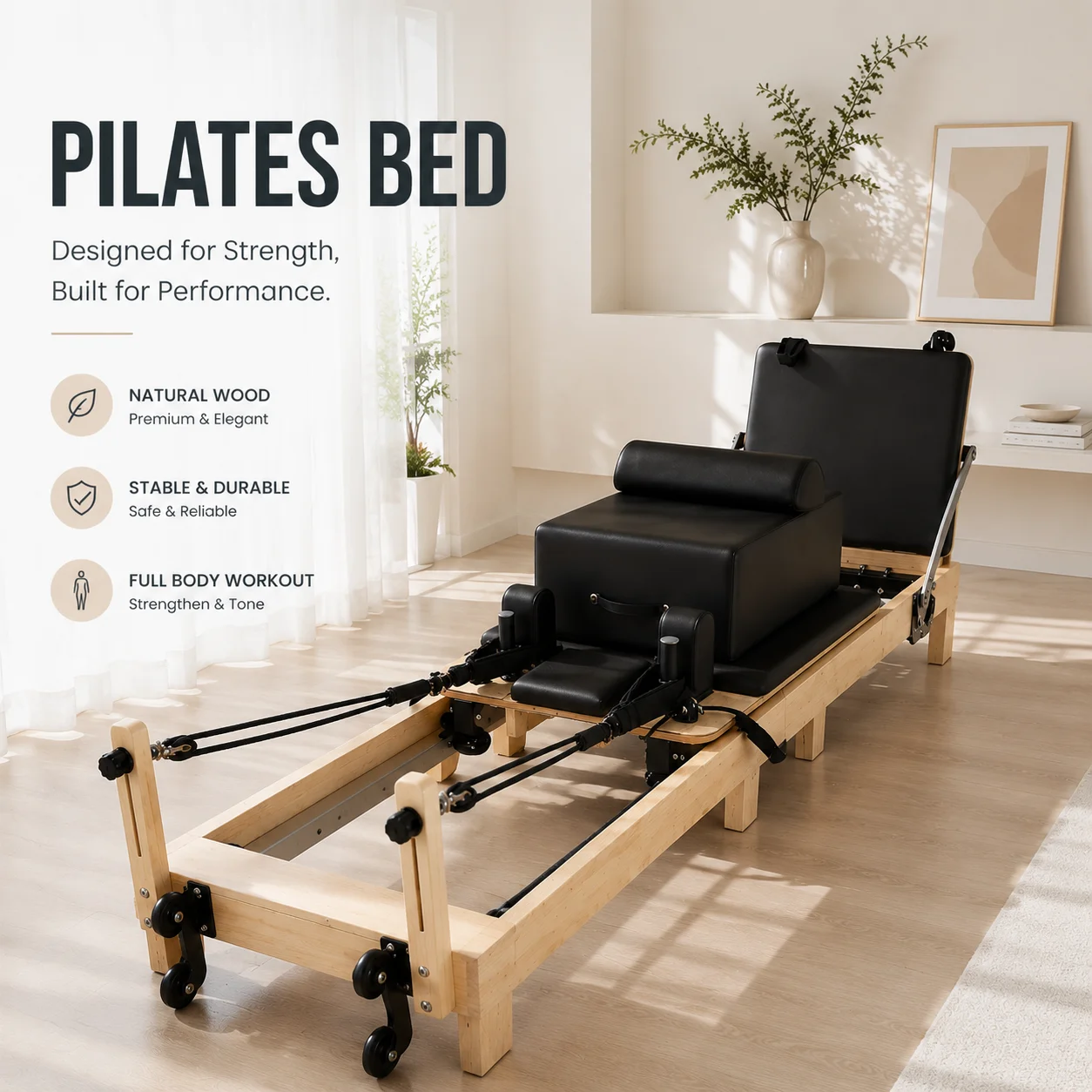 Lit d'équipement de Pilates pliable en bois massif - Conception gain de place, emballage en caisse en bois, adapté aux salles de sport à domicile, innovant.