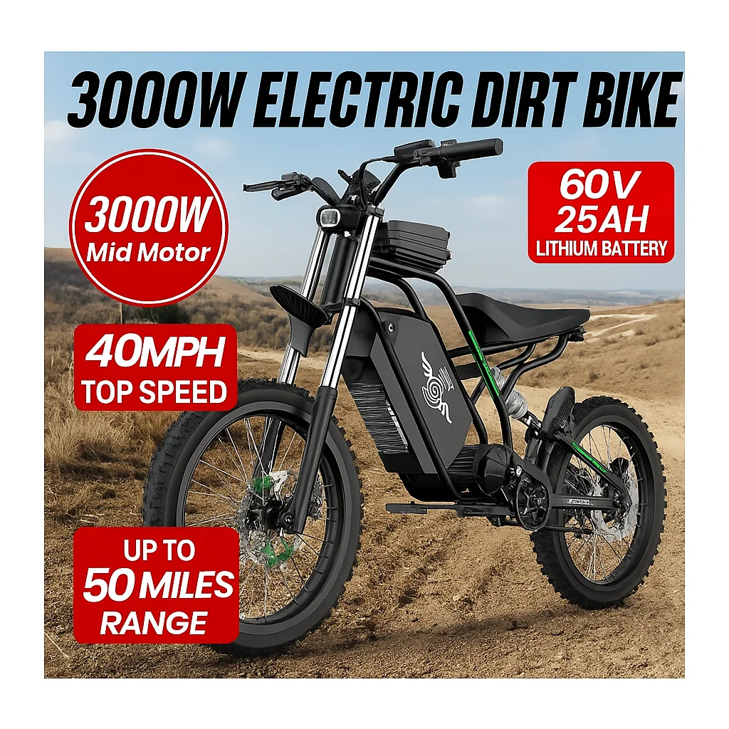 

FREEGO 3000W Electric Dirt Bike 60V 25AH Lithium Battery Off-Road Electric Motorcycle 17inch Tires 40MPH Enduro Ebike for Adults