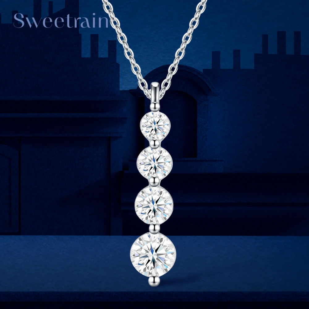 Brilliant 4-Stone Moissanite Necklace 925 Sterling Silver Long Drop Pendant Necklace for Women Female Fine Jewelry Gift