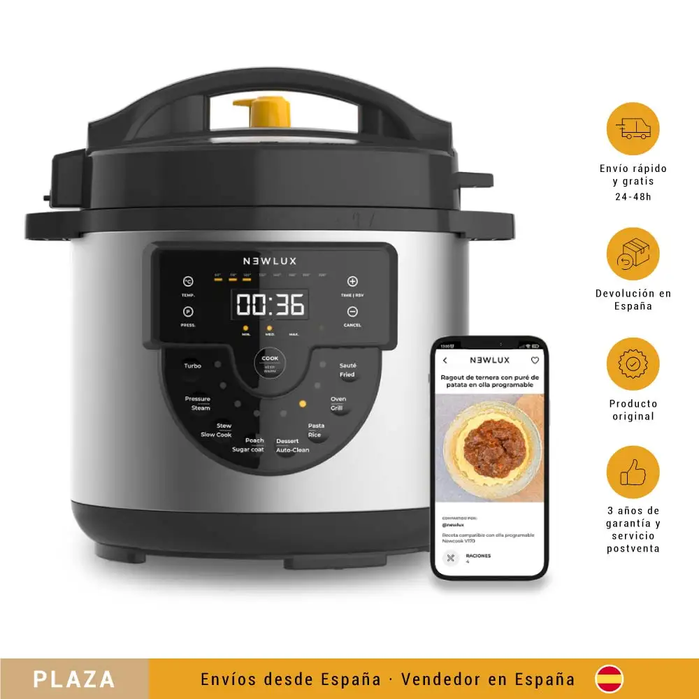 NEWLUX Olla Programable 6L Chef Pot V170 Negra, Olla a Presión con Voz, 15 Funciones, 1000W, Programable 24h, 4 Niveles Presión