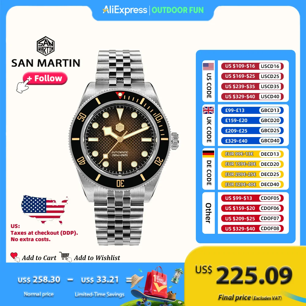 

Часы San Martin мужские водонепроницаемые механические из нержавеющей стали, 40 мм, 200 м