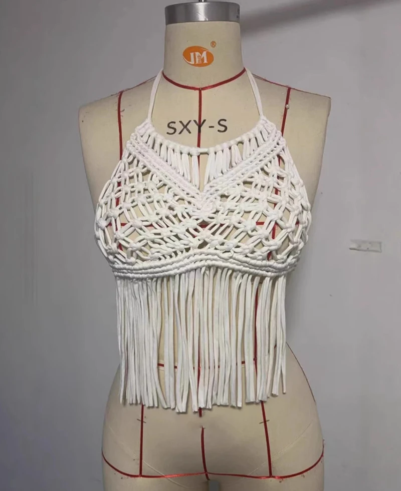 

Женский сексуальный вязаный топ-халтер с кисточками и шнуровкой, пляжная накидка-бикини в стиле бохо, крючком связанная, для плавания