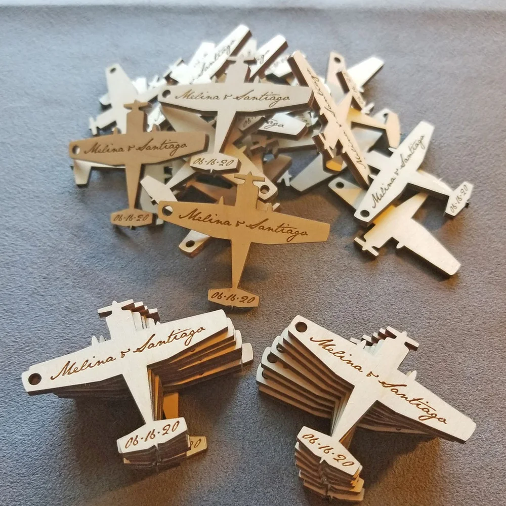 50Pcs Personalized Wedding Wooden Airplane Tags Engraved Plane Shape Wedding Favor Tags Custom Wooden Plane Tags Decor