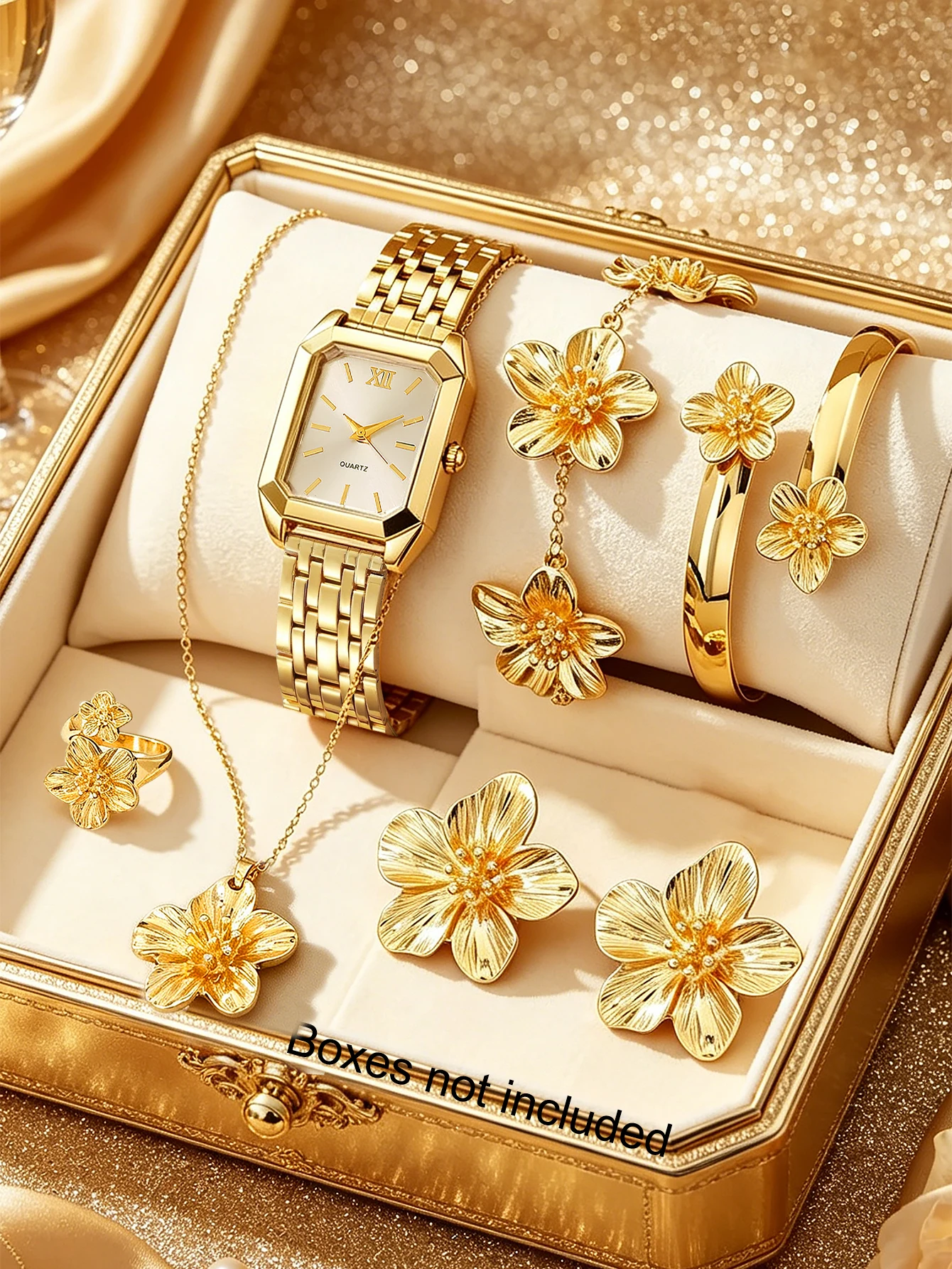 7-Piece Set, Luxury Women's Quartz Watch Paired with a 6-Piece Set of Exquisite Gold Flower Series Jewelry, Casual and Versatile, Suitable for Parties, Festivals, and Other Occasions, a Perfect Choice as a Gift for Mother or Girlfriend (Without Gift Box)