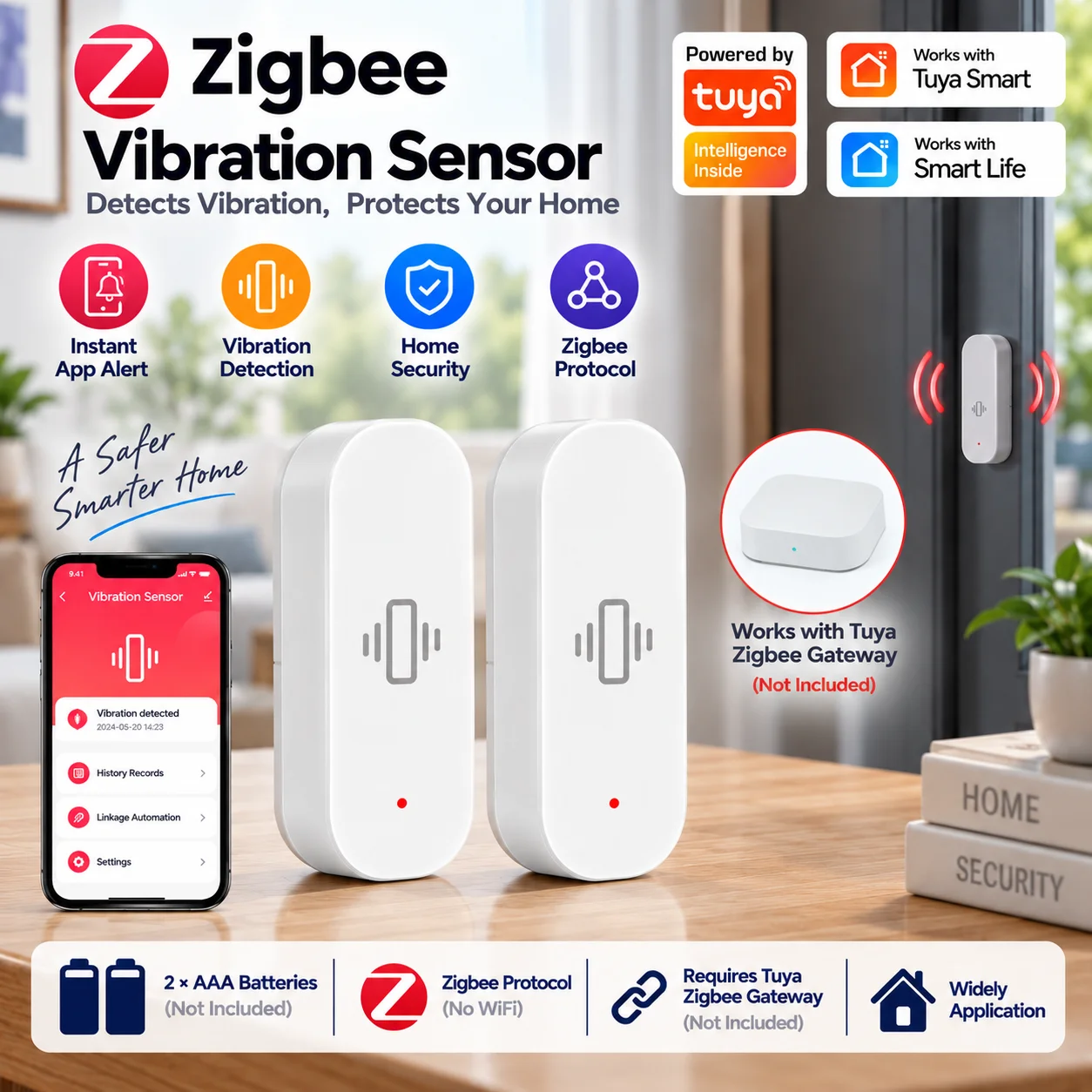 Zigbee-Vibrationssensor, Erkennung von Stürzen und Neigungen, Echtzeit-Bewegungs- und Schockalarm für den Sicherheitsschutz von Türen und Fenstern, funktioniert mit der Tuya-App
