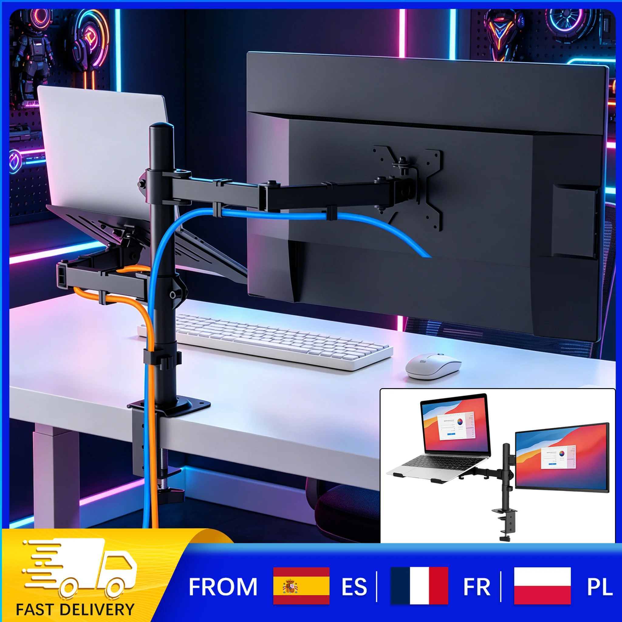 Soporte para Monitor/Laptop Doble, Soporte de Monitor Totalmente Ajustable, Bandeja Ventilada, 360° °   Rotación ±45 °   Soporte Inclinable, Compatible con Pantallas de 13-27 Pulgadas, Laptops de 11-17 Pulgadas