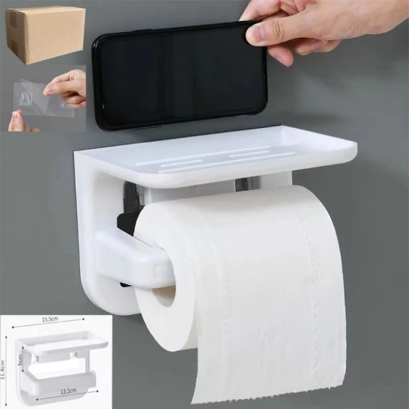 Porte-papier hygiénique/porte-rouleau sans perçage, avec base pour placer un téléphone - 15,5 x 13,2 cm couleur blanche