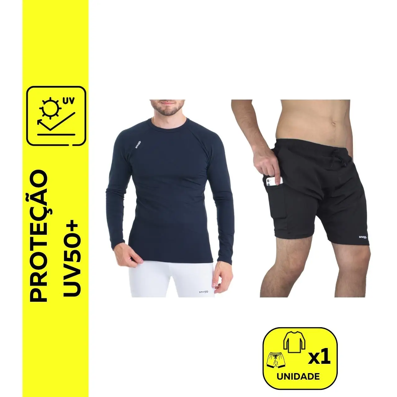 Conjunto Camiseta Longa Light Masculina e Bermuda 2 em 1 Tactel com Segunda Pele Fitness Academia UV50+ Snugg