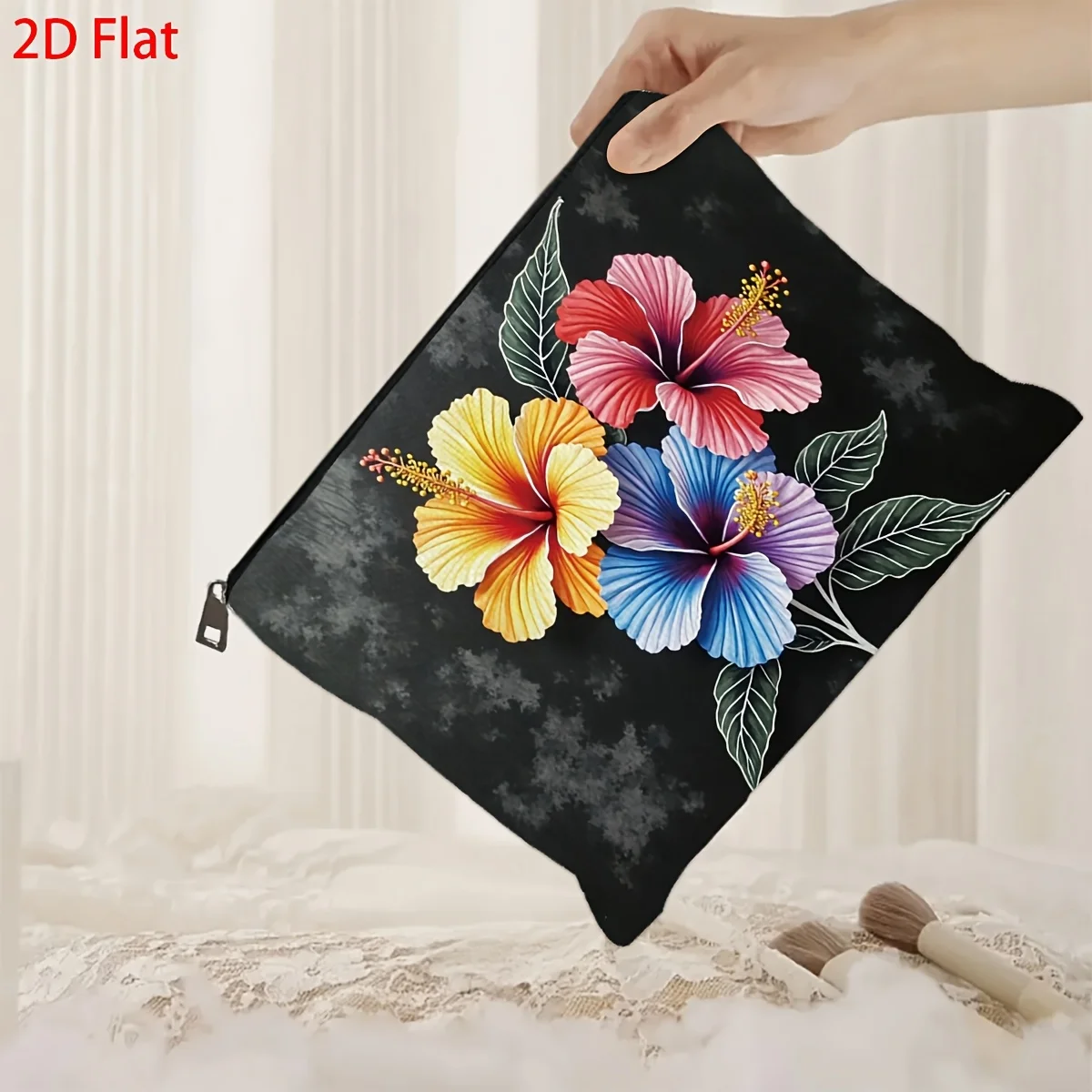 1Pc, Colorful and Vibrant Floral Black Retro Design Multifunctional Travel Makeup Bag, Snack Storage Bag, Stationery Storage Bag, Fashionable Toiletry Bag, Canvas Double-Sided Printed Zipper Pouch view 6