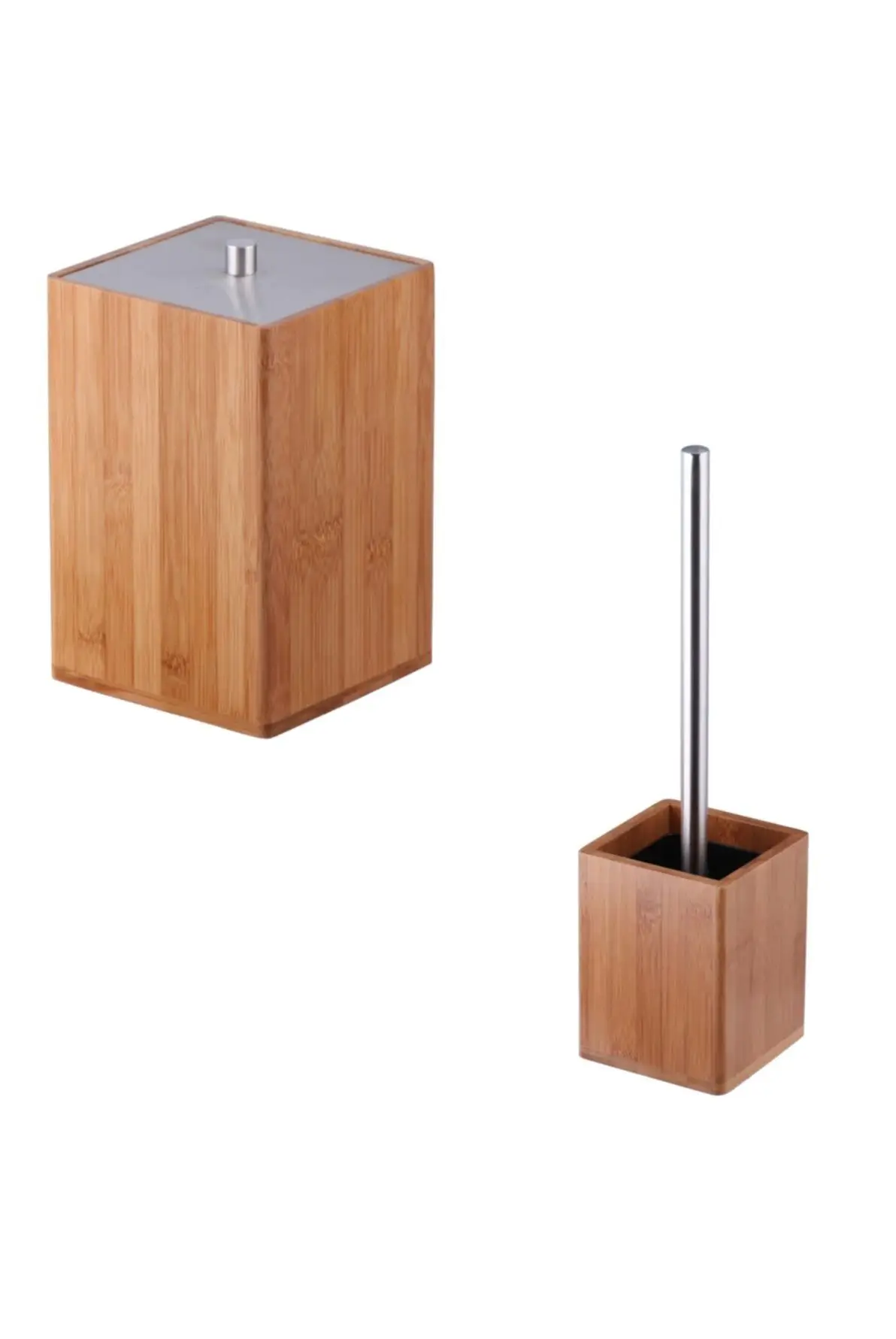 

Bathroom Accessory Set 2 Pieces Bamboo Wood Square Durable Lux Quality Trash Can Toilet Brush For Home Fast Shipping From turkey