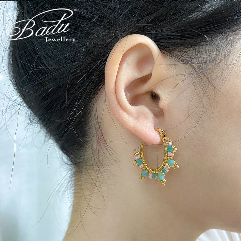 2023 New Fashion Boho Oval Hoop Earring for Women Statement Handmade Beaded Stainless Steel Jewelry Gifts Brincos