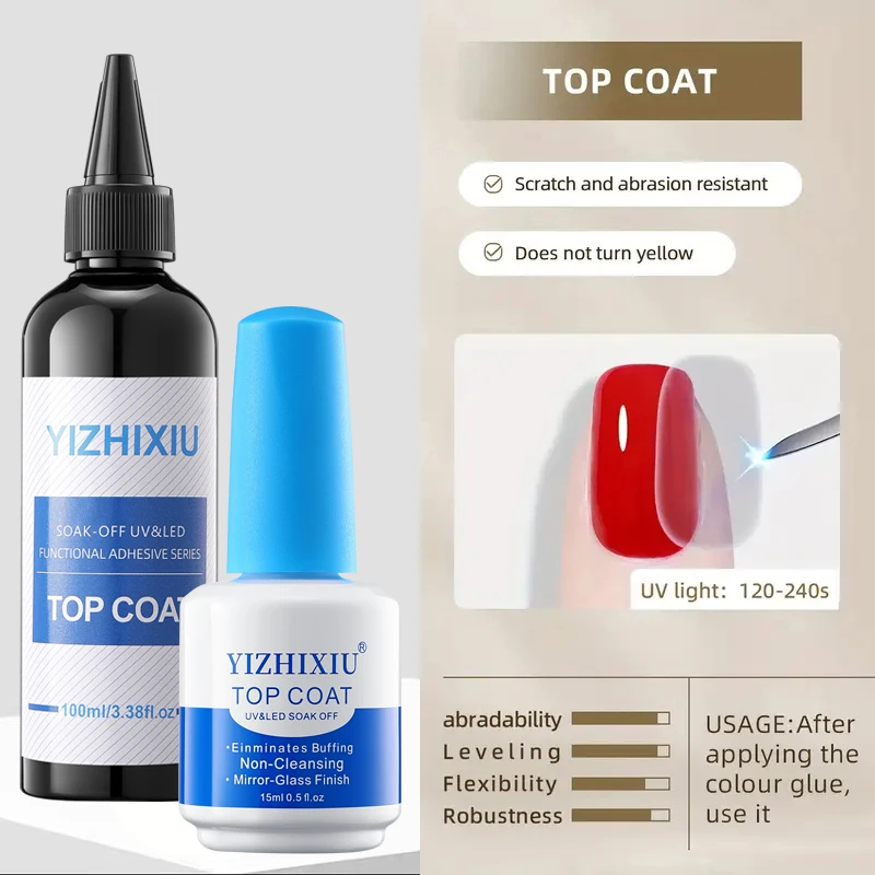 4pcs/SetLarge capacity YiZhiXiu 100ml&15ML Base Gel Super Top Coat Gel Polish Soak Off UV LED Gel Varnish Functional Gel Nail