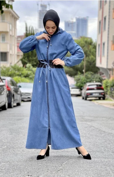 Jeans Ferace Light Blue 2022 MODEL Long Denim Jacket PANTS TUNIC SUMMER 2022müslüman long dress women Dubai Turkish te