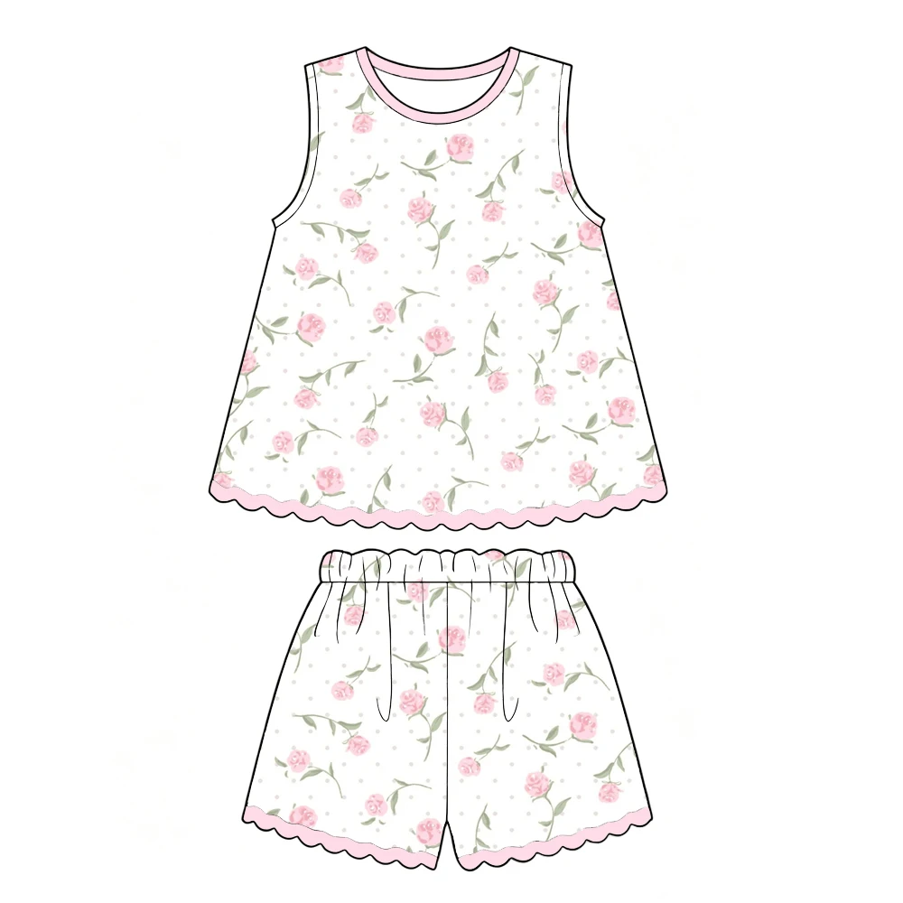 Boutique hot-selling girls' outfit Sleeveless dress paired with shorts set Baby's breath flower print print custom wholesale