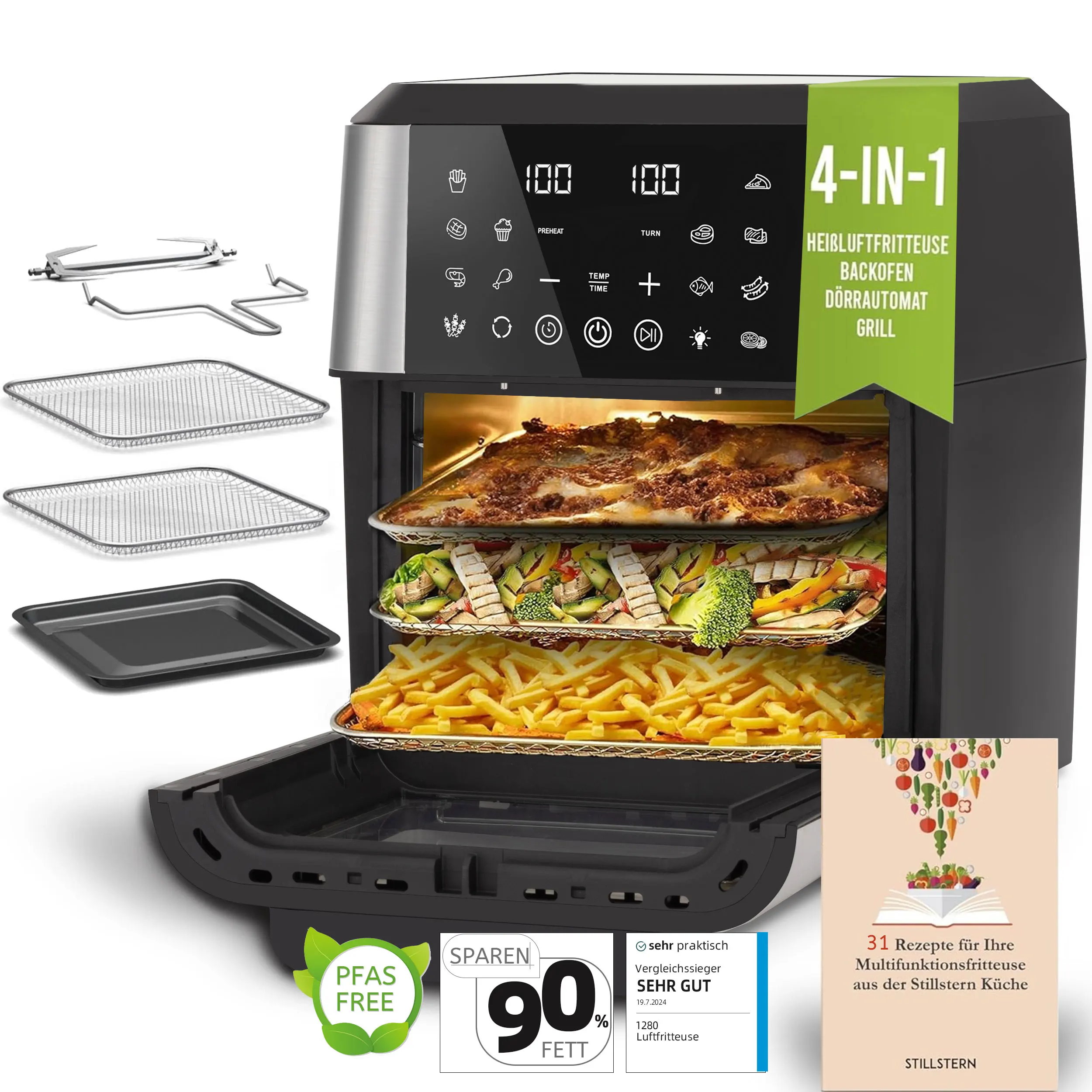 12-Liter-Luftfritteuse, Mini-Ofen, multifunktionale intelligente Maschine, Luftfritteusen mit Sichtfenster aus Glas, ölfreier Herd mit LED-Touch-Steuerung