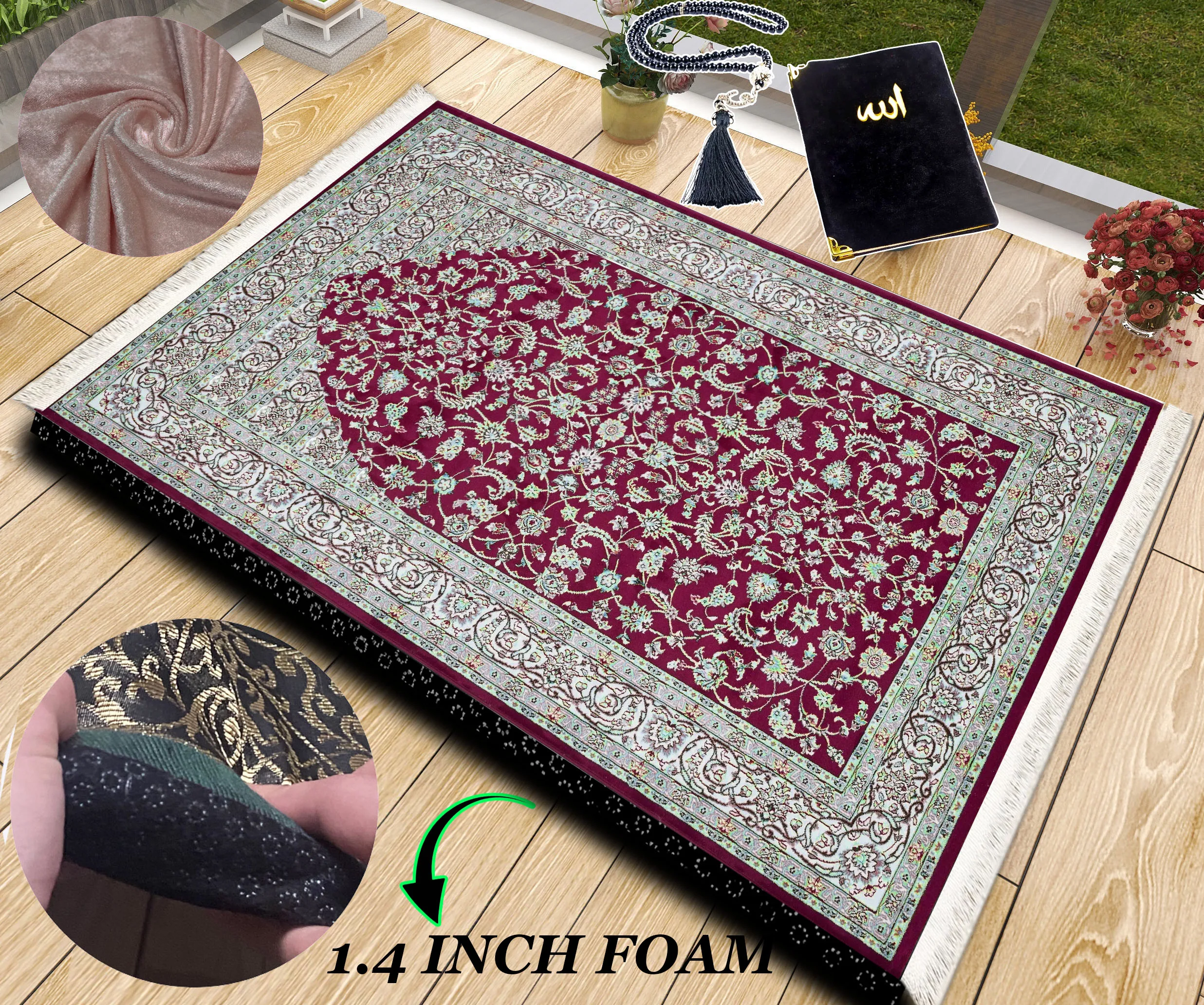 Extra Thick Foam Padded Turkish Burgundy Oriental Prayer Rug, Yaseen, Soft Praying Mat Carpet & Pearl Tasbeeh, İslamic Gift Set