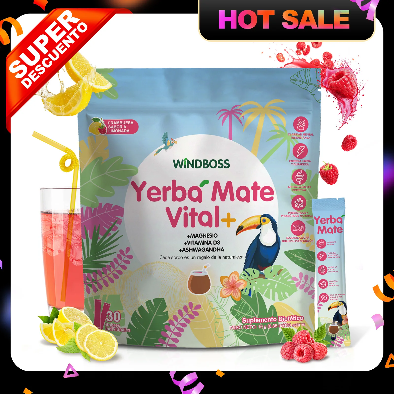 Windboss Yerba Mate Vital+ Suplemento Alimenticio | 30 Paquetes Individuales | Práctico para Viajes | Apoya la Energía Natural y la Concentración | Contribuye al Bienestar Digestivo y al Equilibrio Diario