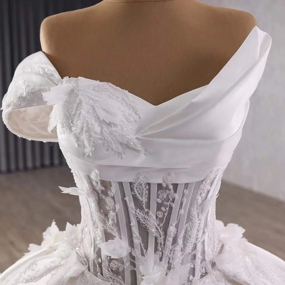 New Vestidos Noivas Satin One Shoulder Ball Gown Lace Up Back Flower Satin Off White Bridal Dress