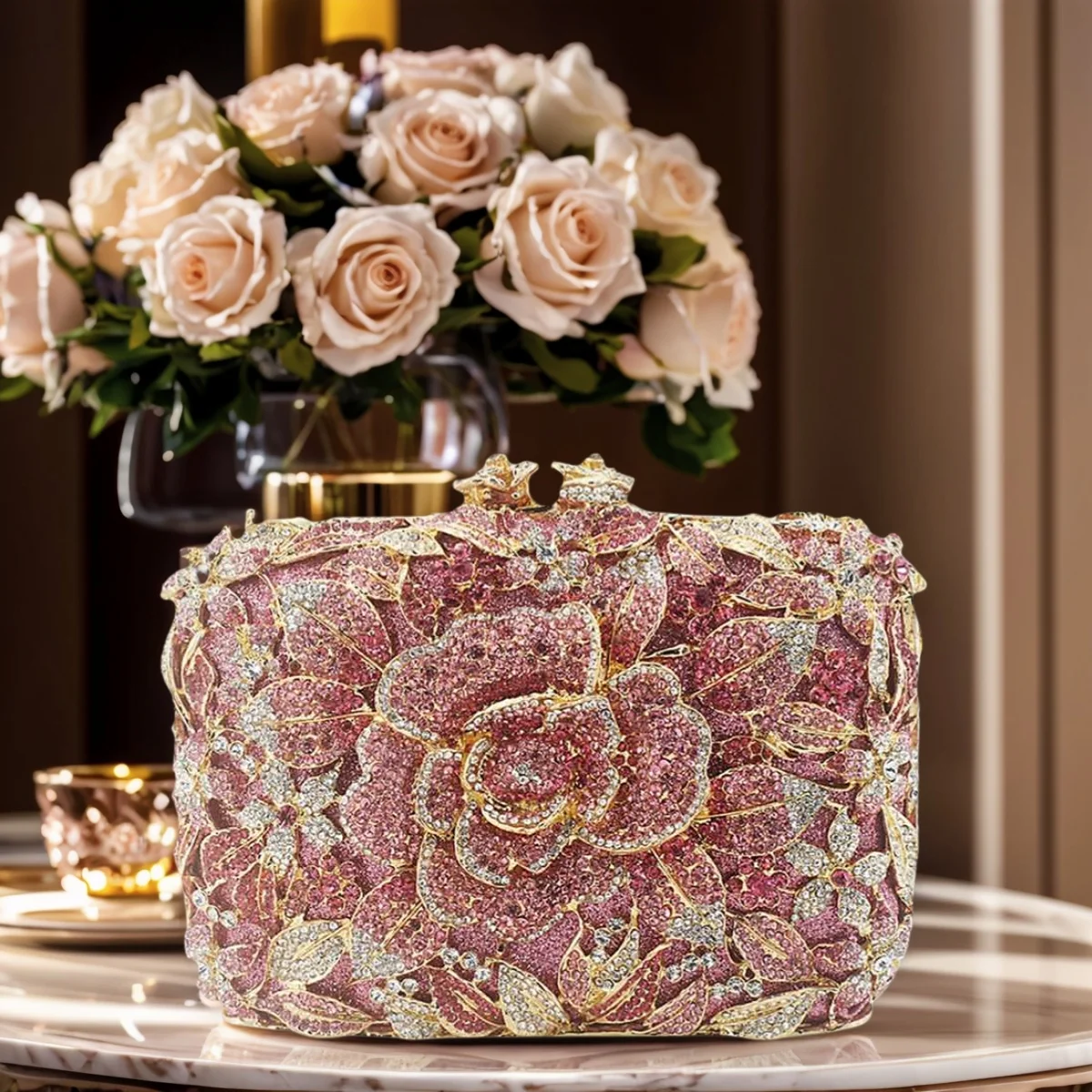

Chic Women Rose Flower Rhinestone Evening Bag Vintage Floral Crystal Clutch Bridal Wedding Purse Handbag for Prom Banquet
