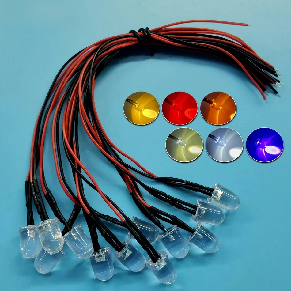 10 pièces 10mm LED ronde 20cm pré-câblé 12-24V lampe à LED lumière rouge vert bleu blanc RGB Diode multicolore LED Diodes électroluminescentes