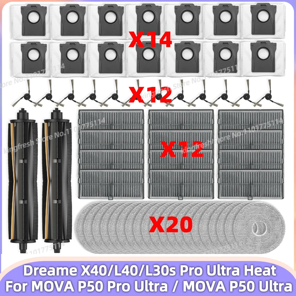 Compatibile con (MOVA P50 PRO ULTRA/ MOVA P50 Ultra,Dreame X40 Ultra/ L40 Ultra/ MOVA P10 PRO ULTRA) Parti per Aspirapolvere Rullo Principale Tricut Spazzola Laterale Filtro Panno per la Pulizia Sacchetto della Polvere