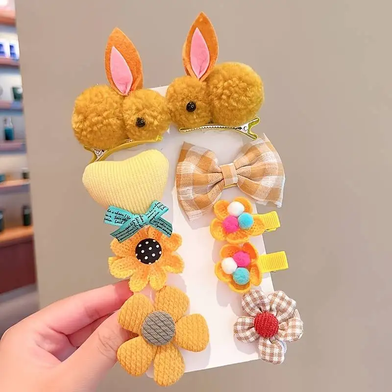 Girls Cute Clips Hair Pins Flower Plush Bunny Cartoon Design Accessories For Children