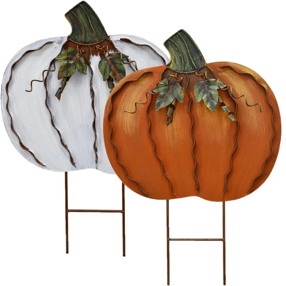 

2pcs 17.5" 2 Parts Metal Pumpkin Garden Stakes Autumn Decorative Yard Signs Indoor Outdoor Plant Flower Stake Fall Lawn Ornament