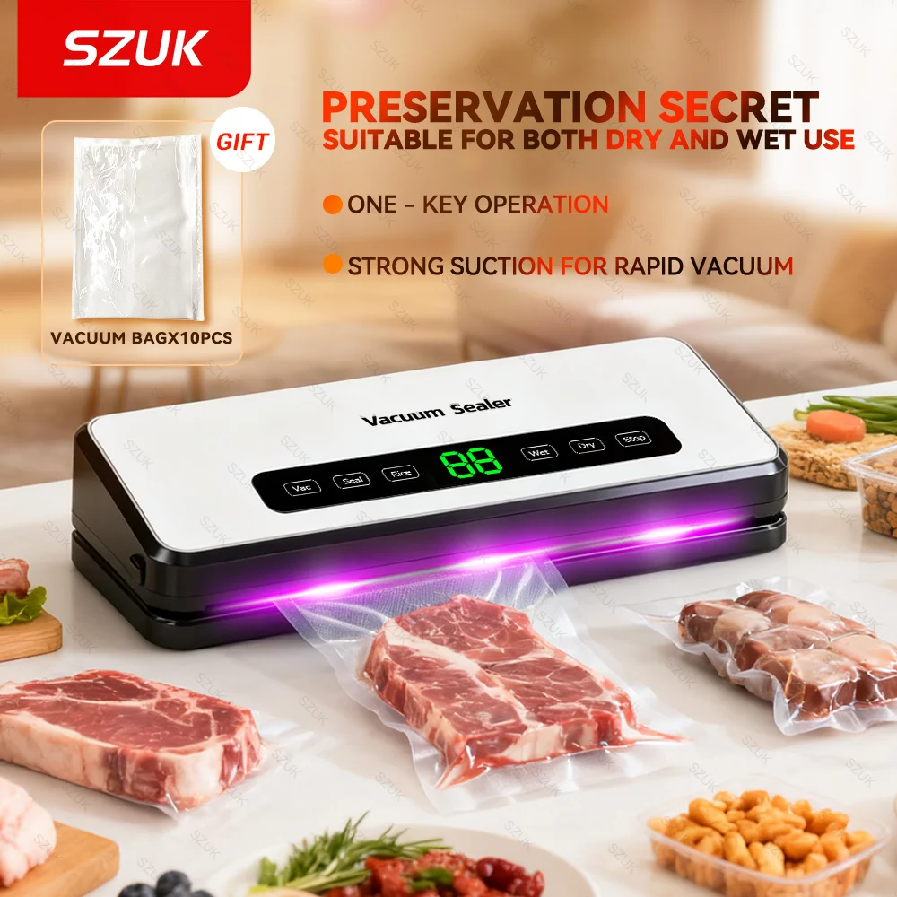 

SZUK Настольная электрическая вакуумная машина 30 см, герметизация, встроенный резак, рулонный мешок, кухонная упаковка для мяса и овощей, уплотнение для сохранения продуктов питания вакуумный упаковщик продуктов