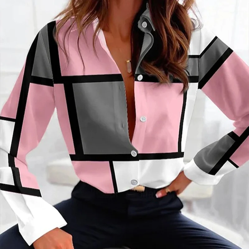 

Женские красочные клетчатые блузки и рубашки, весна-осень 2023, новые контрастные цвета с воротником с лацканами на пуговицах, офисные женские простые рубашки, топы