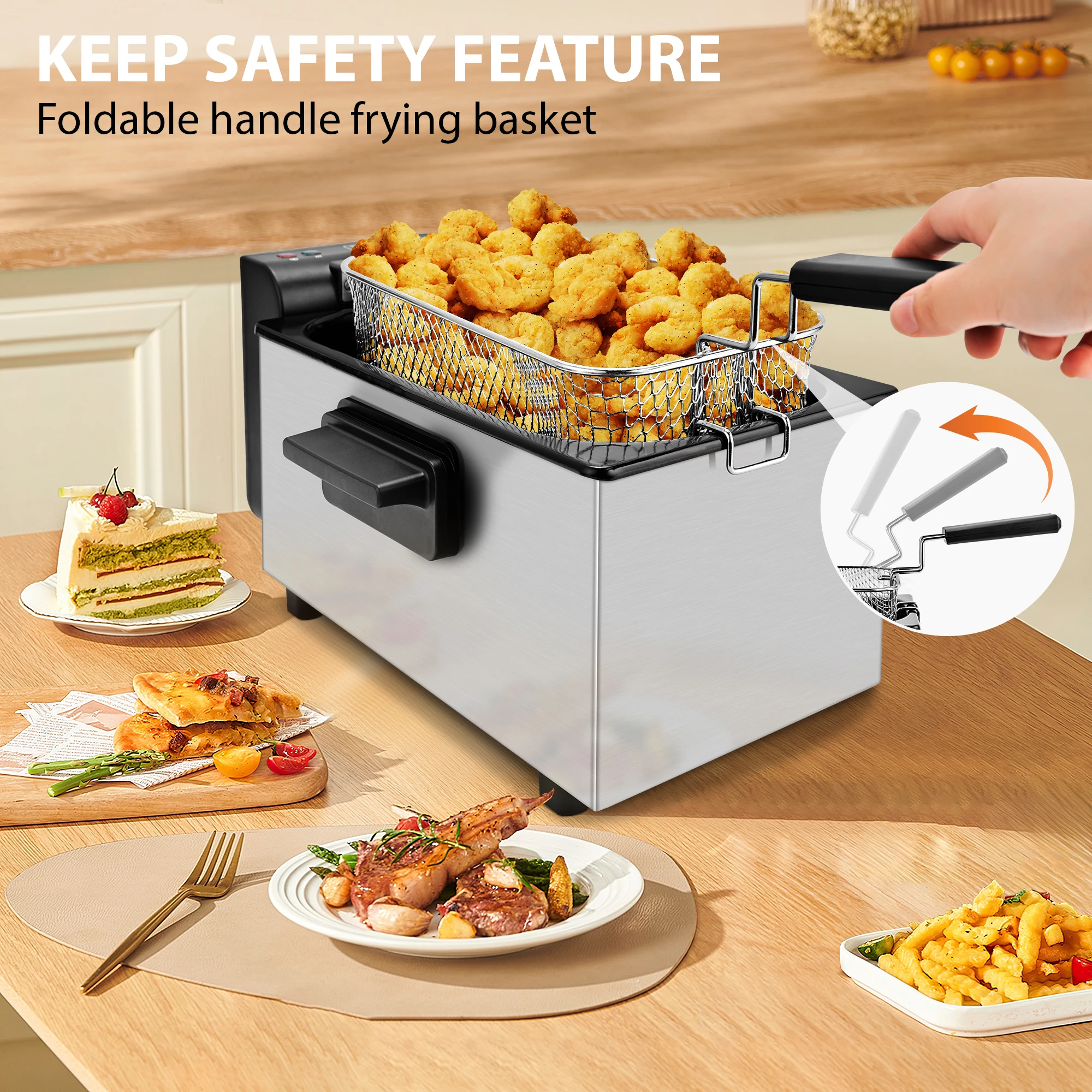 Countertop Deep Fryer With Timer - หม้อทอดไฟฟ้าสแตนเลส 3 ลิตร พร้อมตะกร้าถอดได้ 1500 วัตต์