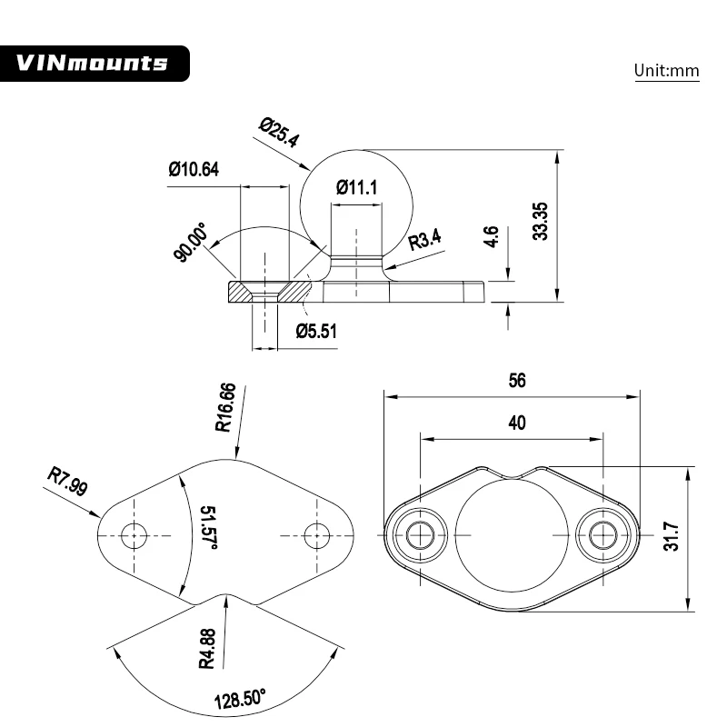 VIN Mounts-VIN-B-009 de montaje de bola de diamante de 1 ", con 2 aberturas de 5,5mm, distancia del agujero central de 40mm para soportes de Ram