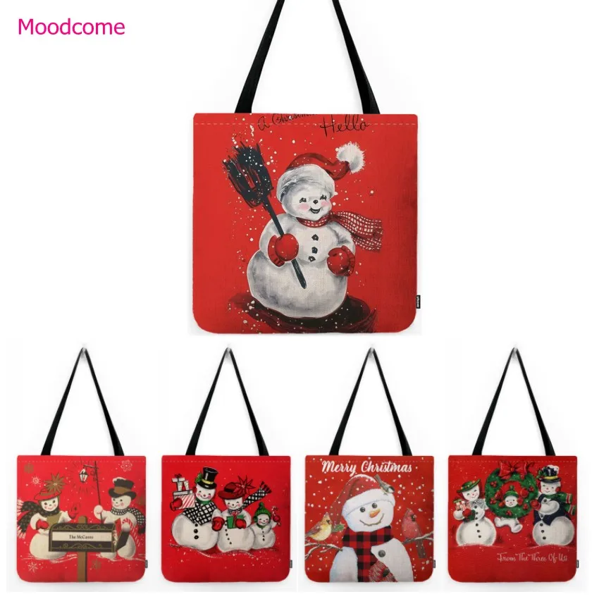 Red Merry Christmas Snowman Oil Painting Art Water Resistant Cotton Linen Grocery Shopper Bag  Large Shoulder Tote Bag