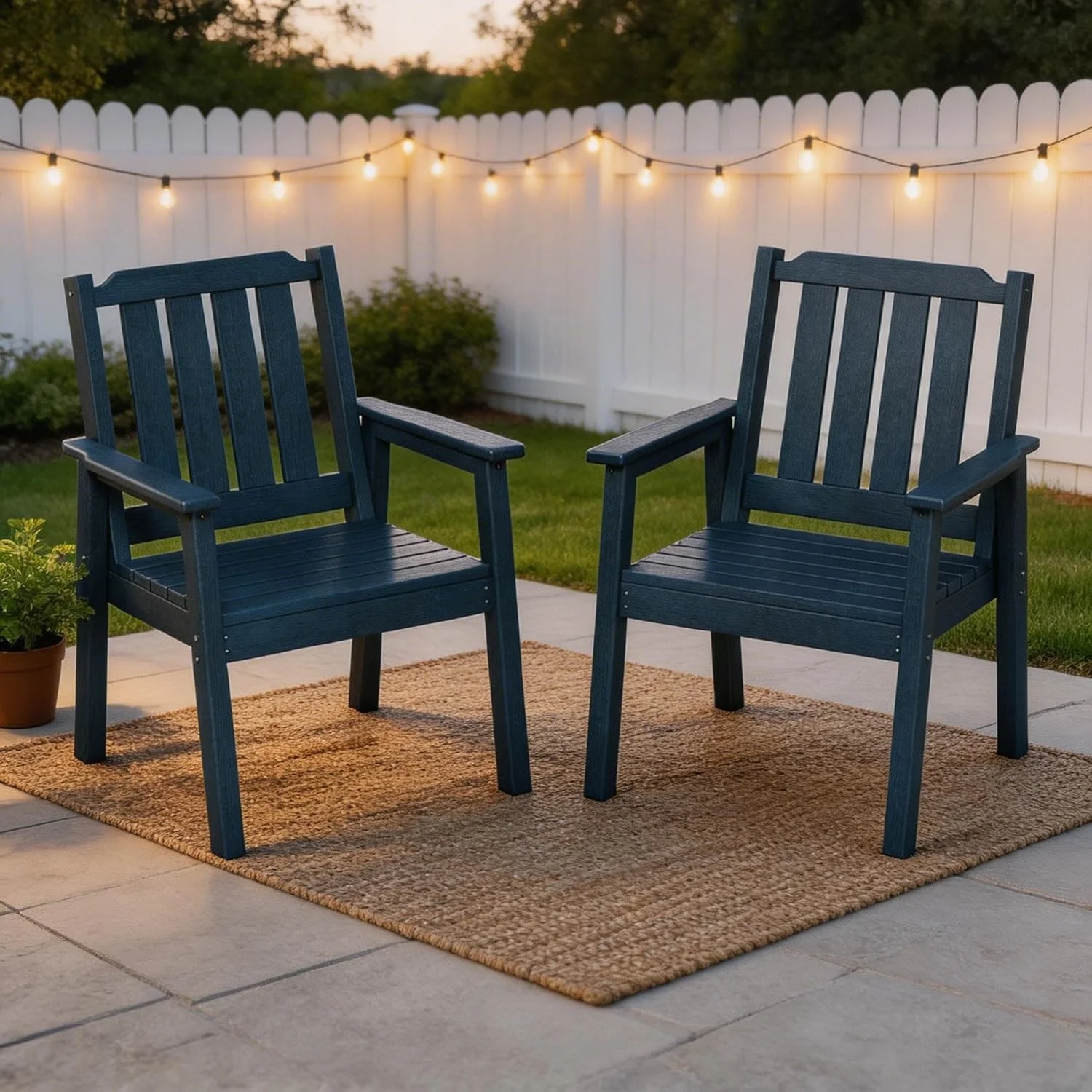 Ensemble de 2 chaises de jardin en HDPE durable avec un siège large et ergonomique, imperméables, faciles d'entretien et résistantes aux intempéries – idéales pour la terrasse, le jardin et la zone de piscine.