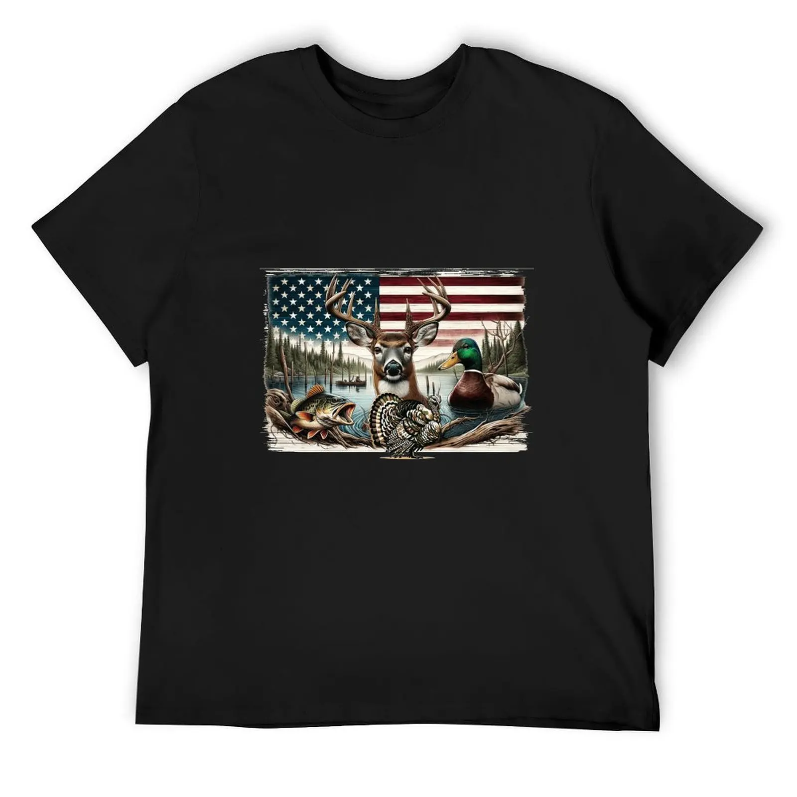 Vintage Buck Antler Cross Rifle Circle Print Black Mens Tee Outdoor Camping Hunting Loose Shirt