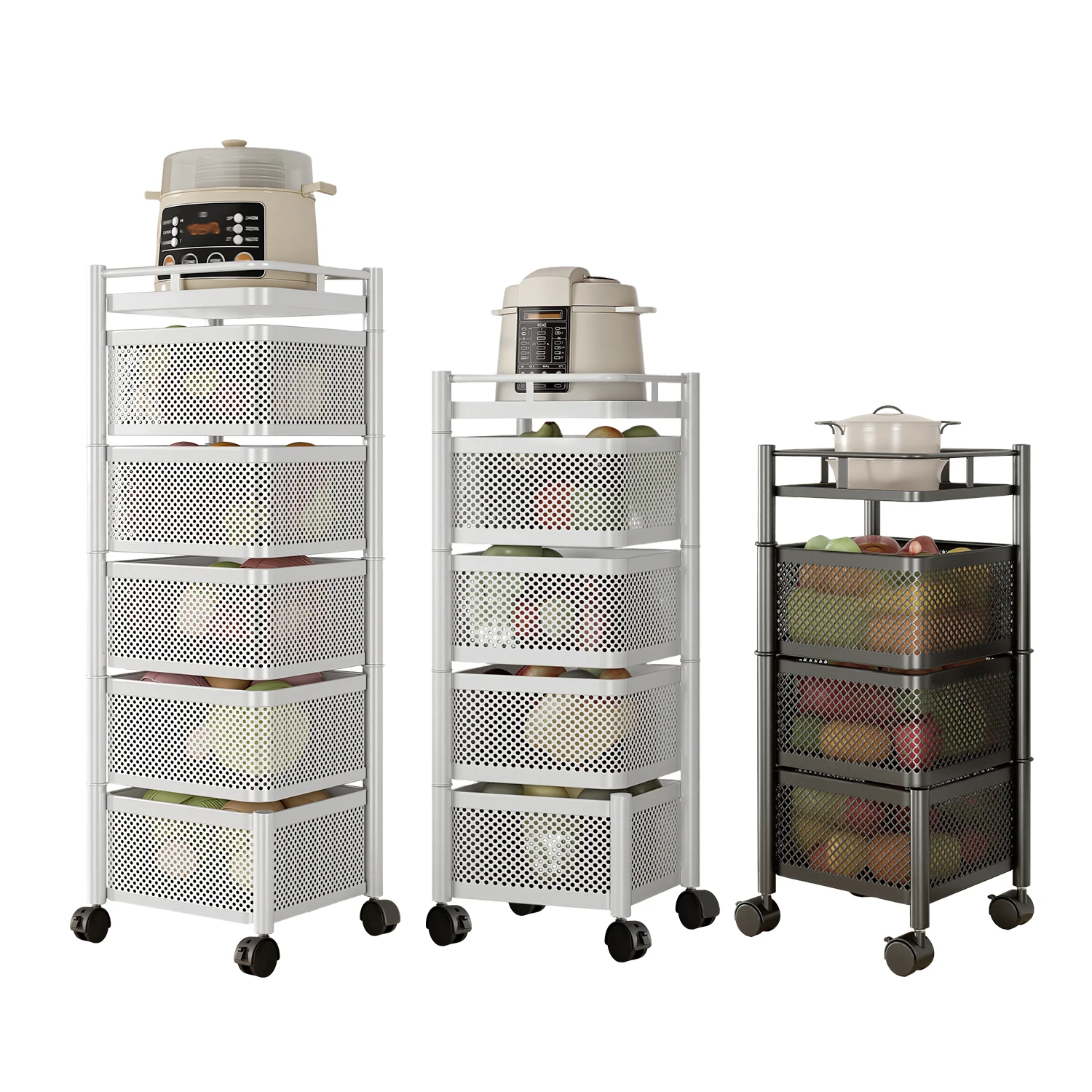 3/4/5 Layer Multi-functional Rotating Storage Rack,No Assembly Mobile Cart,Household Floor-standing Multilayer Storage  Shelf with Lockable Wheels ，for Kitchen,Fruit,Vegetable,Snacks,Bathroom,Living Room，Saving Space