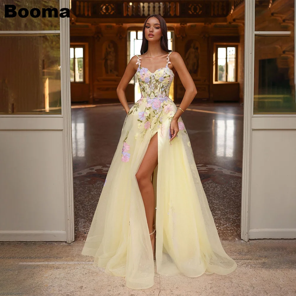 

Booma A-Line Long Prom Dresses Sweetheart Sleevless Tulle Embroidered Lace Homecoming Party Dress Slit Evening Dress Customized