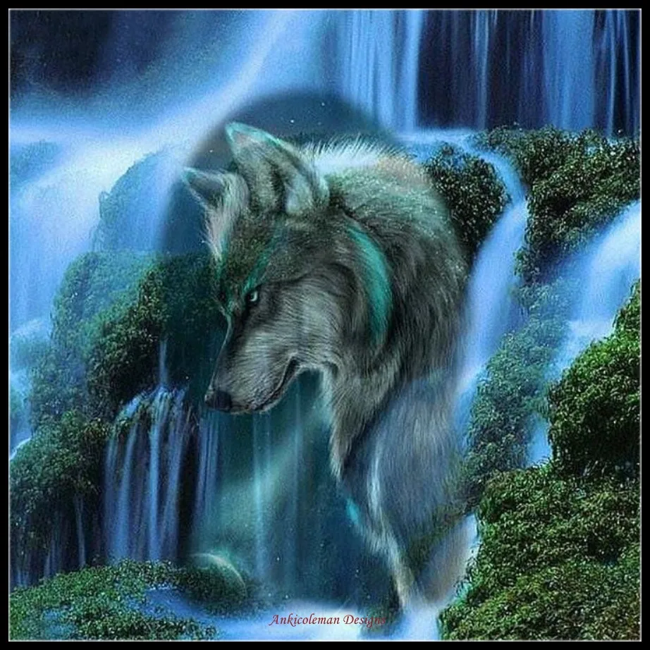 Waterfall Scenic Wolf - Counted Cross Stitch Kits - DIY Handmade Needlework Embroidery 14 CT Aida DMC Color