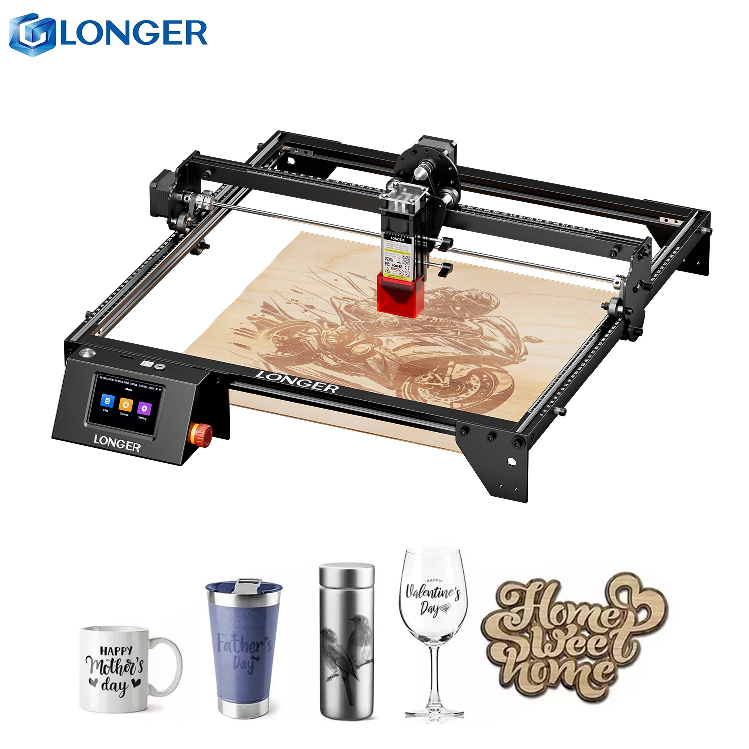 Laserowa grawerka LONGER RAY5 10W z ekranem dotykowym, maszyna do grawerowania i cięcia 400*400mm, narzędzie do samodzielnego wykonania, do metalu, drewna, skóry, plastiku, drukowania.