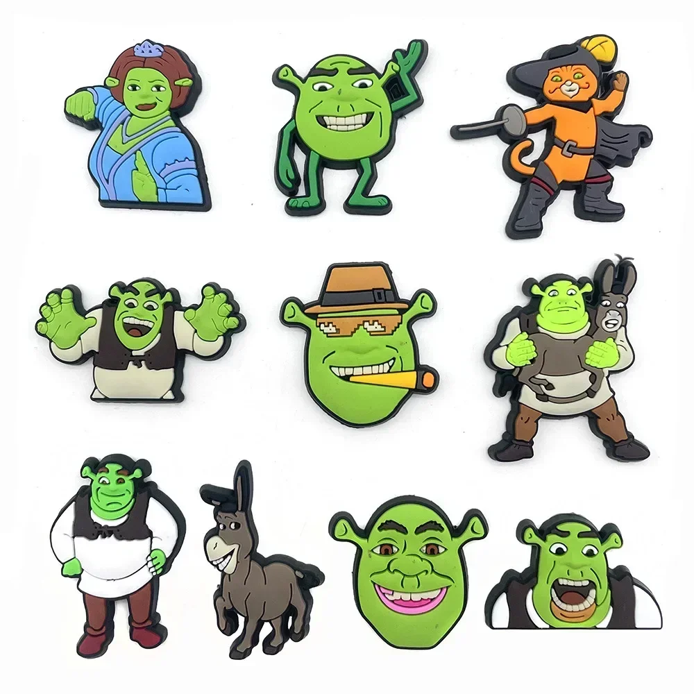 Breloques de chaussures Shrek Puss in Boots, 10 pièces, pour sabots, diapositives à bulles, sandales, décorations de chaussures en PVC, accessoires à boucle pour enfants