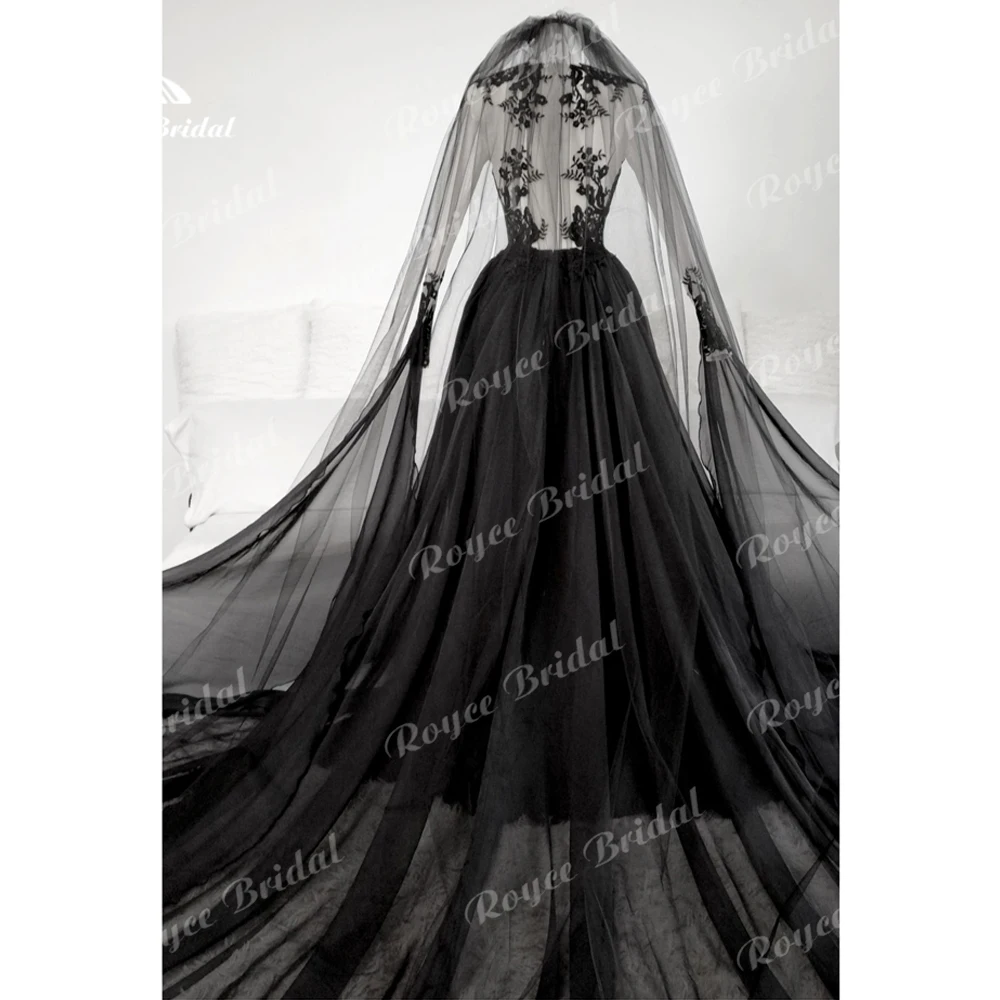 Gothic Black Sexy Appliques Top Long Sleeve A Line Wedding Dress Custom For Women Bridal Gown Sweep Vestido De Novia Party Dress