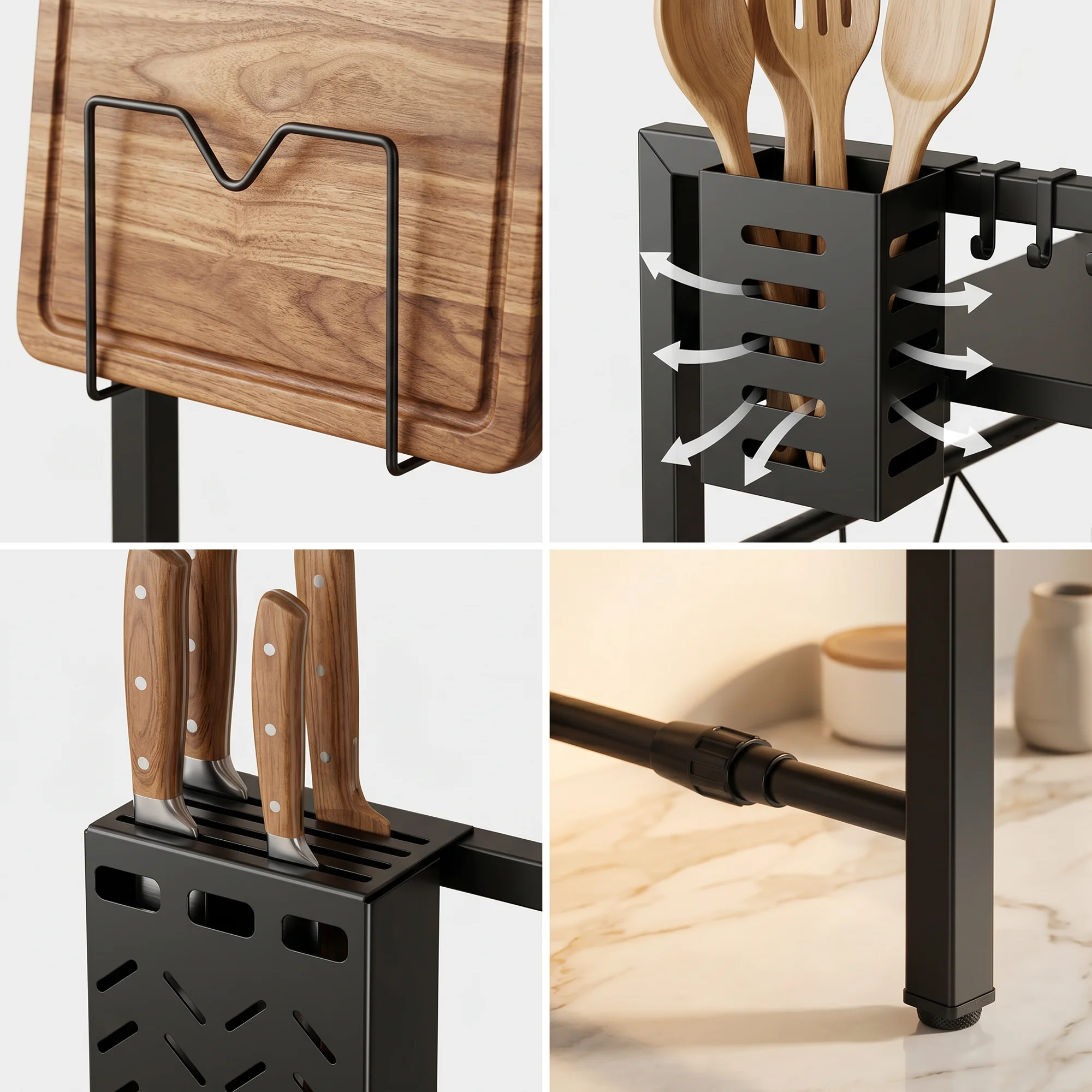 Verstellbares 3-stufiges Küchen-Mikrowellenregal, erweiterbar von 38 cm bis 64 cm, Arbeitsplatten-Organizer mit 6 Haken, Messerhalter, Utensilienkorb und Schneidebretthalter für die Aufbewahrung von Gewürzen und Kochgeschirr – Detail 5