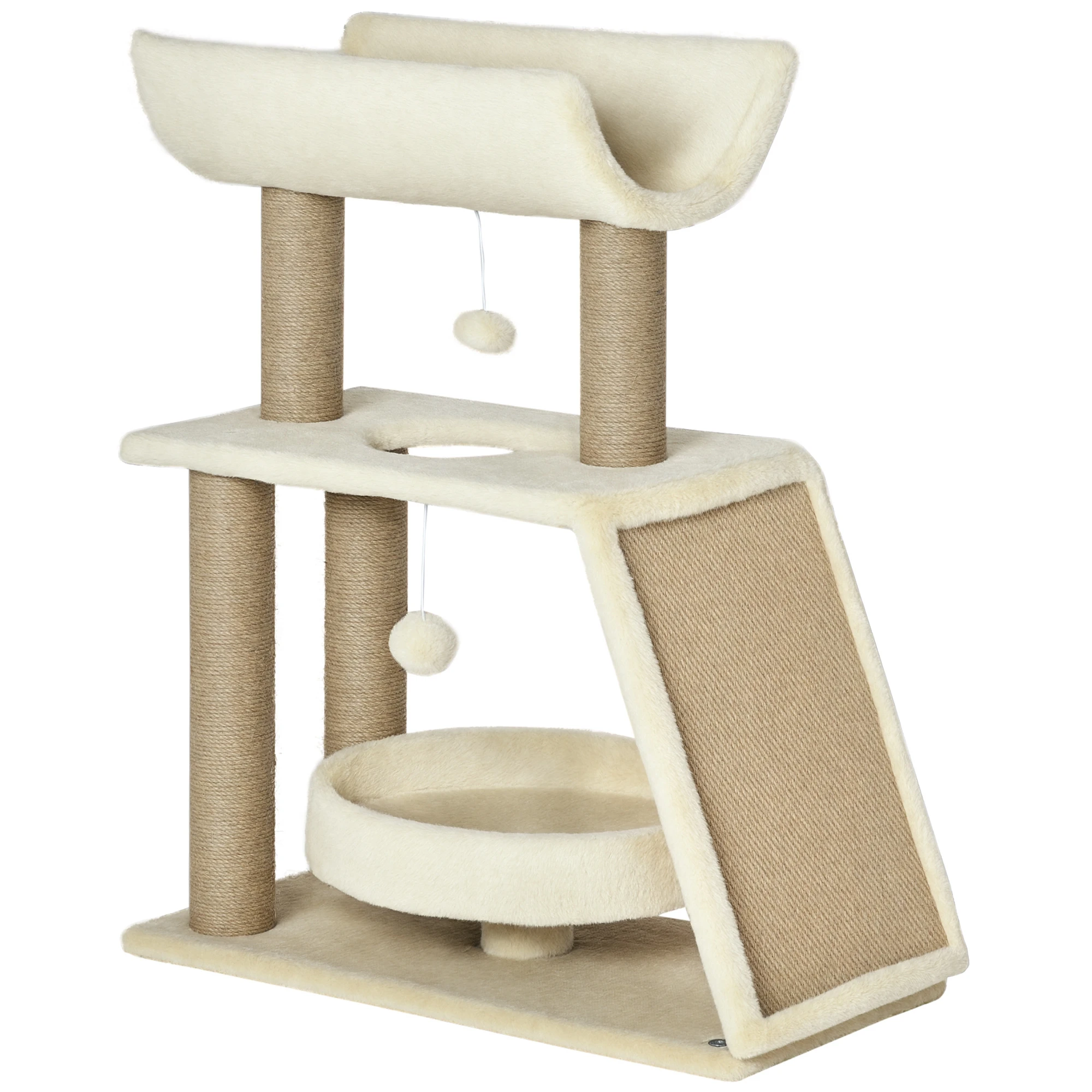 Arbre à chat compact multi-niveaux avec perchoir supérieur incurvé, lit rond en peluche, plateforme centrale creuse, rampe à gratter inclinée en sisal, plusieurs piliers à gratter en sisal naturel, jouet pompon suspendu, petit mobilier d'intérieur pour chat