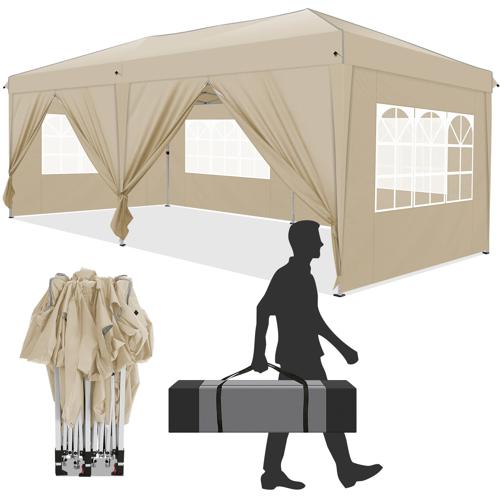 3x6m Pop-up Gazebo Foldable Party Tent with 6 Sidewalls, Easy Assembly for Weddings, Commercial Use, UV50+ Protection Steel Frame
