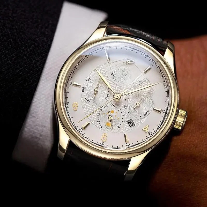Modny zegarek męski Parnis 43mm, złoty, automatyczny, mechaniczny, skórzany pasek, szkło szafirowe, kalendarz, zegarki męskie, Reloj Hombre, prezent. — 2
