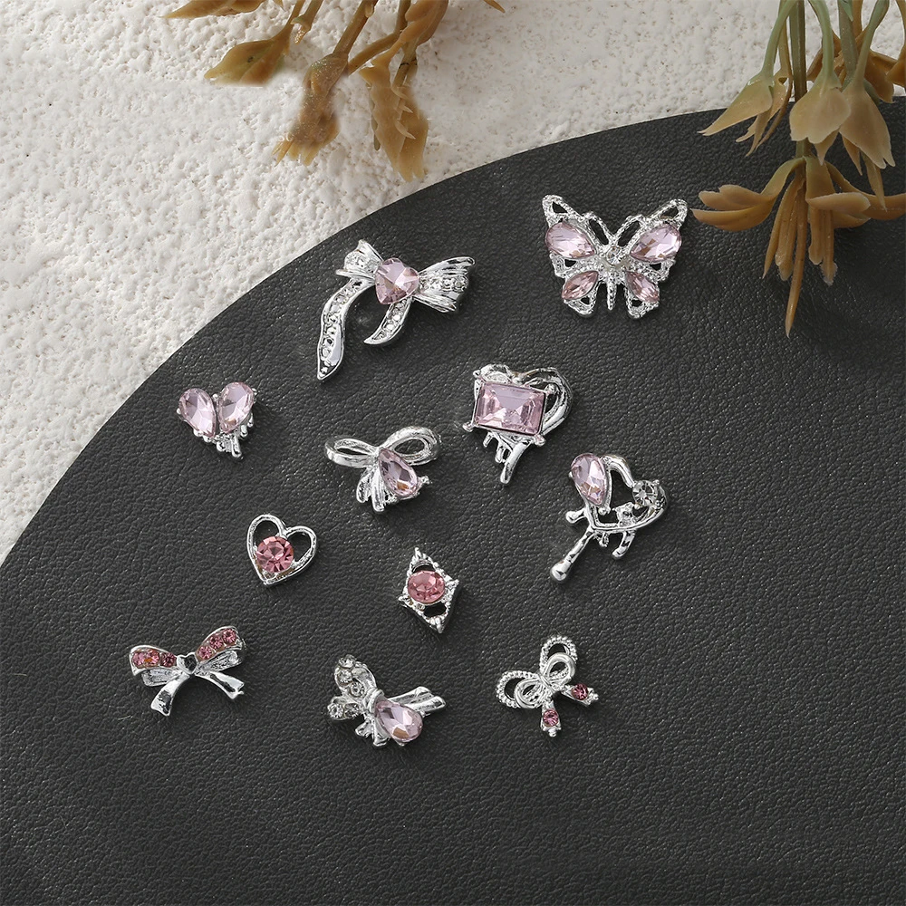 10Pcs Pink Bow Nail Art Charms 3D Metal Sliver Magic Wand Heart Inlaid Pink Zircon Diamond Nail Rhinestone Kawaii DIY Nail Parts