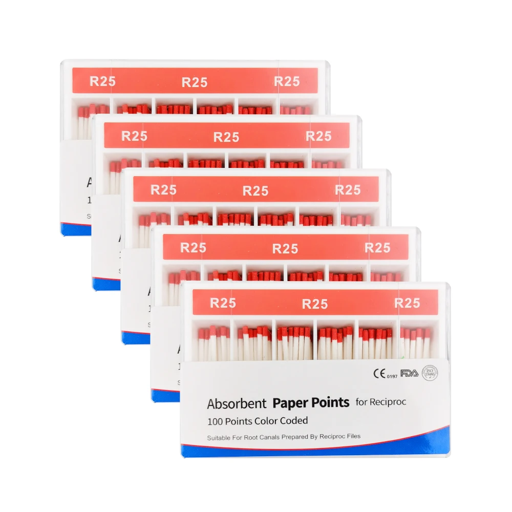 5box Dental Reciprocal Absorbent Paper Points R25 R40 R50 For Root Canals Prepared by Reciproc Blue Files Dental Obturations